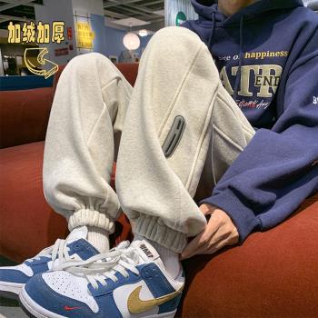 日系復古灰色加厚束腳運動衛褲女秋冬潮牌寬松休閑百搭闊腿長褲子