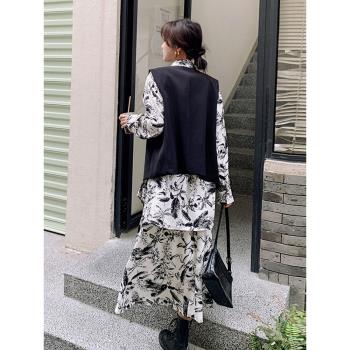 新中式水墨畫套裝裙女春秋2024新款輕熟高階感穿搭馬甲長裙三件套