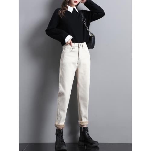 米白色牛仔褲女春秋高腰顯瘦加絨加厚冬直筒寬松老爹哈倫蘿卜褲子