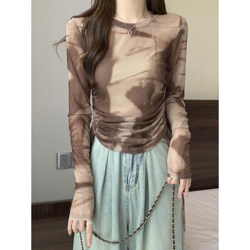 大碼扎染薄款打底衫女秋甜辣設計感修身顯瘦胖mm遮肚正肩網紗t恤