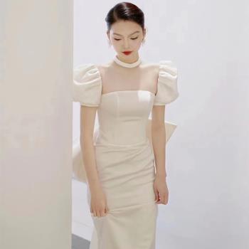 法式緞面主婚紗2024新款新娘氣質拖尾出門輕紗迎賓簡約魚尾晚禮服