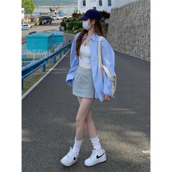 藍色長袖防曬襯衫女春秋新款設計感襯衣法式絕美慵懶寬松上衣外套