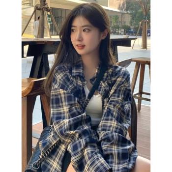 NASA美式復古格子襯衫女春秋小個子防曬襯衣外套休閑開衫上衣外搭