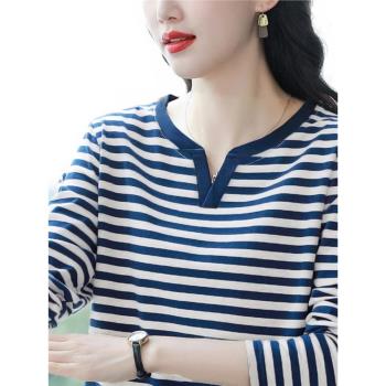 2024初秋新款純棉條紋長袖t恤女中年媽媽打底衫寬松大碼上衣韓版