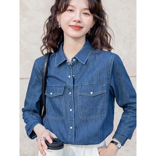 深藍色復古正肩牛仔襯衫女春秋2025新款疊穿內搭港風小個子軟上衣