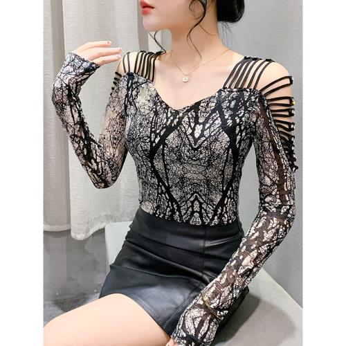 歐貨水墨畫印花T恤女長袖秋裝新款性感V領鏤空上衣修身網紗打底衫