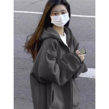 美式復古加絨加厚連帽衛衣女秋冬oversize純色外套chic慵懶開衫