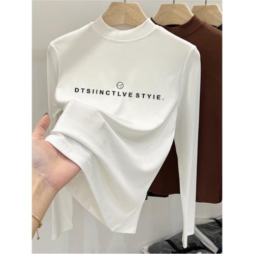 正肩長袖小立領t恤女德絨打底衫修身簡約時尚百搭上衣春秋冬季潮