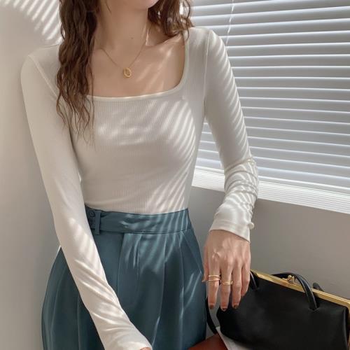 春秋純欲風方領鎖骨低領緊身緊身磨毛加薄絨打底衫修身長袖T恤女