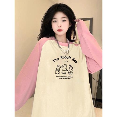 港風大版插肩長袖t恤女2024秋冬新款撞色寬松遮肚子藏肉打底上衣