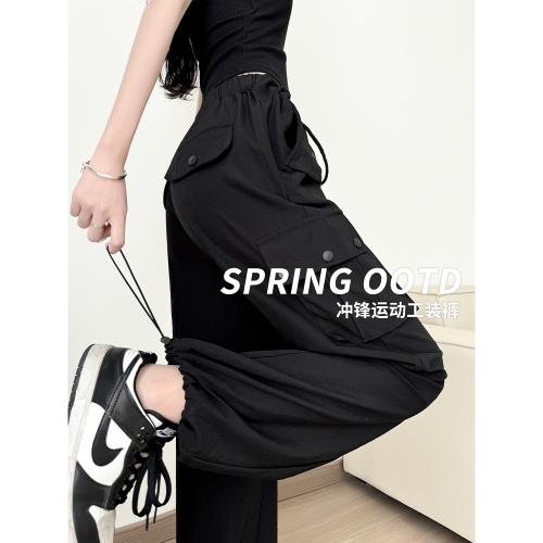 黑色美式工裝褲女夏季薄款高腰顯瘦休閑褲小個子寬松束腳運動褲子