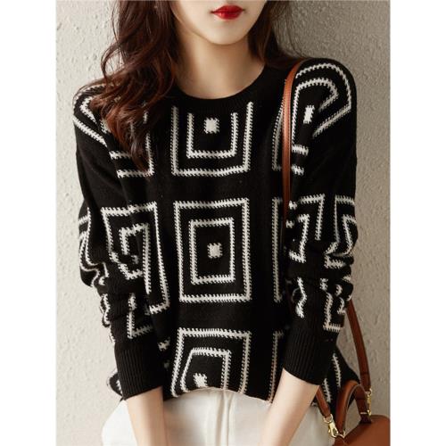 哥弟秋冬撞色提花羊絨衫女寬松上衣氣質復古羊毛衫針織衫打底毛衣