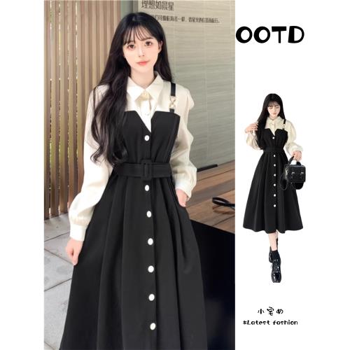 秋冬法式連衣裙胖妹妹收腰假兩件