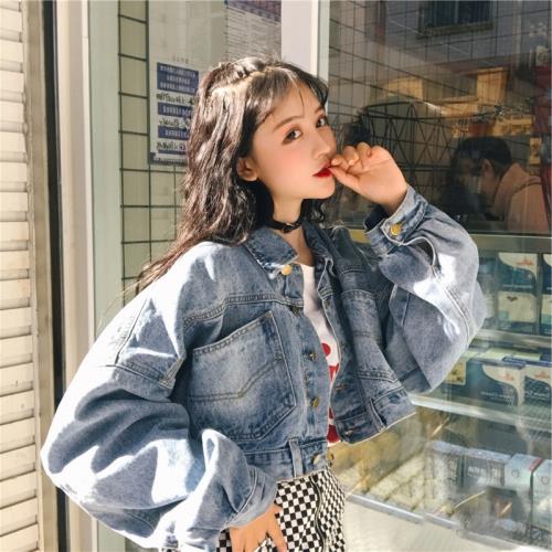 復古港風蝙蝠袖牛仔外套女春秋季韓版寬松小個子百搭短款夾克上衣