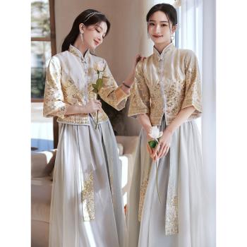 姐妹團冬季中國風旗袍灰色伴娘服