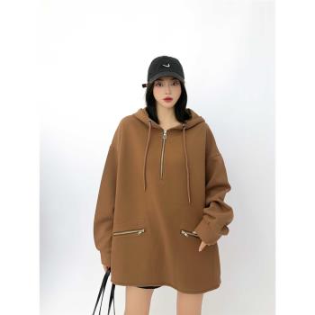 歐貨大版oversize雙口袋半開領連帽衛衣女中長款寬松休閑復古帽衫