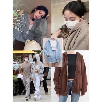 BM歐陽娜娜同款美式復古寬松連帽衛衣女bm加絨純棉開衫外套女秋