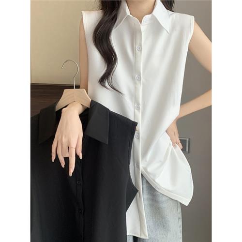 大碼胖MM設計感無袖襯衫馬甲女夏季新款中長款寬松顯瘦打底衫上衣