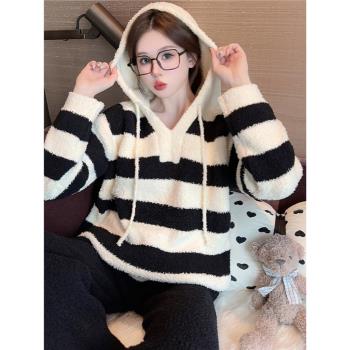 珊瑚絨連帽睡衣女秋冬季保暖可外穿加絨加厚軟綿綿家居休閑服套裝