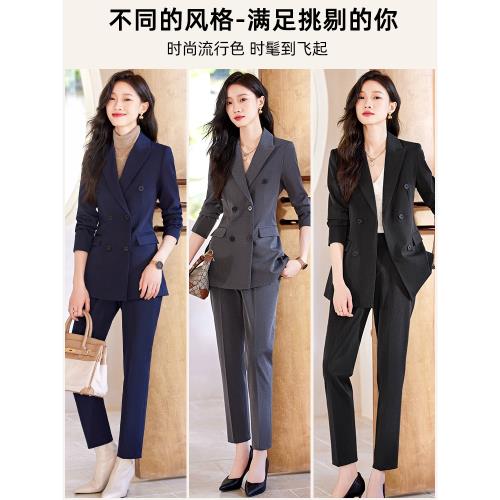 高級感黑色職業裝西裝套裝女藏藍色兩件套春秋面試正裝西服工作服