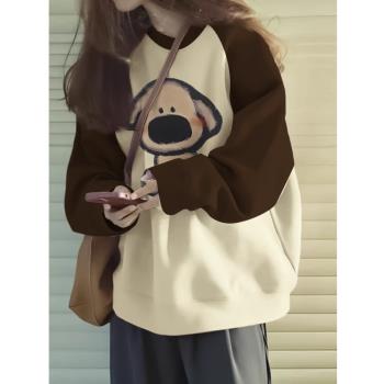 歐美式可愛蜜蜂狗印花衛衣外套女秋冬加厚插肩無帽小個子寬松上衣