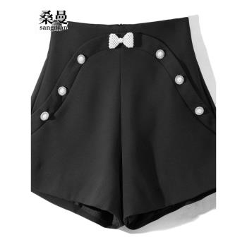 珍珠高腰短褲女秋冬休閑蝴蝶結