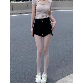 黑色辣妹緊身牛仔短褲女夏季外穿打底高腰熱褲不規則包臀休閑褲子
