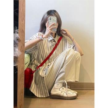 日系chic復古條紋襯衣女薄款夏季短袖設計感大碼寬松防曬襯衫外套
