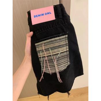 黑色破洞牛仔短褲女夏季大碼胖mm高腰a字闊腿口袋刺繡流蘇熱褲子