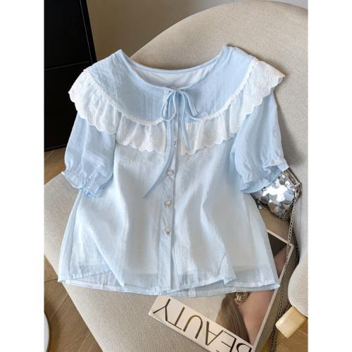 娃娃領短袖襯衫少女孩夏裝12歲女大童13初高中學生15寬松甜美襯衣