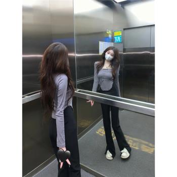 灰色秋裝小眾薄款上衣ins長袖t恤
