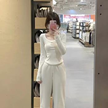 U領正肩長袖T恤女裝秋季新款收腰修身顯瘦打底衫德絨加絨魚骨上衣