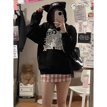 美式復古HelloKitty蕾絲連帽衛衣女春秋冬季新款寬松街頭慵懶帽衫