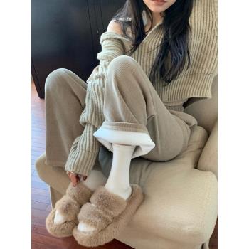 冬季加絨加厚雪尼爾休閑褲子女秋冬高腰小個子垂墜感燈芯絨闊腿褲