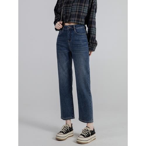 直筒牛仔褲女春秋高腰煙管褲梨形身材新款藍色法棍褲小個子寬松