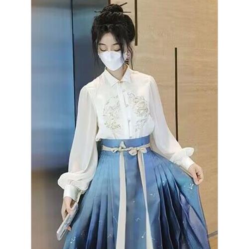 配馬面裙的襯衣長袖漢元素白襯衫通勤刺繡女裝中國風漢服古風上衣