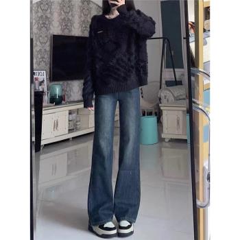 復古藍微喇牛仔褲女春秋設計感韓版高腰小個子馬蹄直筒拖地長褲子