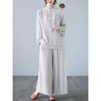 秋季中式禪系棉麻女套裝居士服