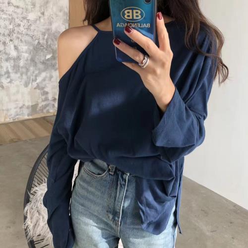 2026秋季新款慵懶鏤空女裝漏肩上衣女長袖防曬衫寬松純色露肩T恤