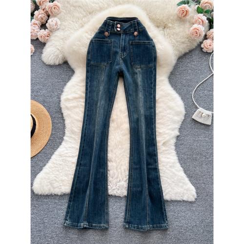 式復古辣妹港風風微喇牛仔褲女秋季小眾設計感高腰顯瘦百搭長褲