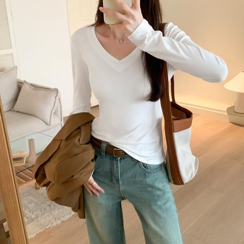 suseyiku 小V領正肩螺紋純欲顯瘦202秋季新款百搭上衣打底衫女
