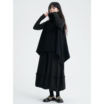陸與山嶼2023年設計感小眾秋冬季黑色女士慵懶風無袖高領外搭毛衣