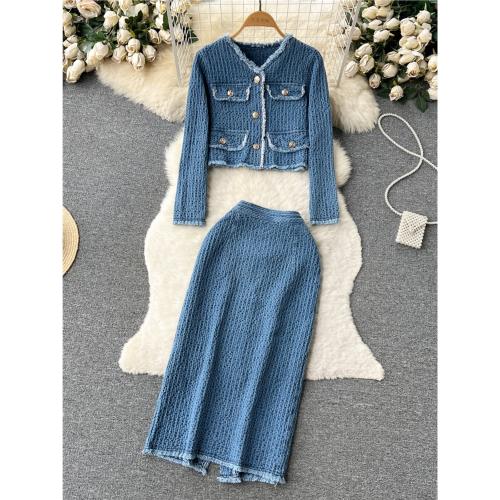 春秋季小香風名媛牛仔套裝女毛邊短款牛仔外套+開叉半身裙兩件套