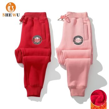 紅色加厚搖粒絨純棉秋冬束腳衛褲