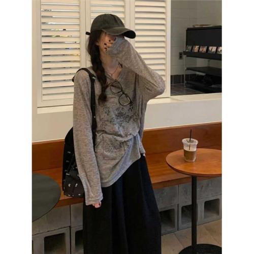 美式復古灰色松弛感寬松長袖t恤女秋季空調罩衫外搭薄款防曬上衣
