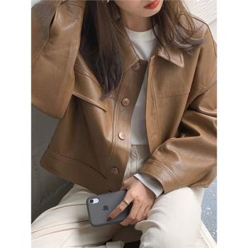 韓國chic春秋季小眾翻領單排扣寬松休閑長袖機車服皮衣短外套女
