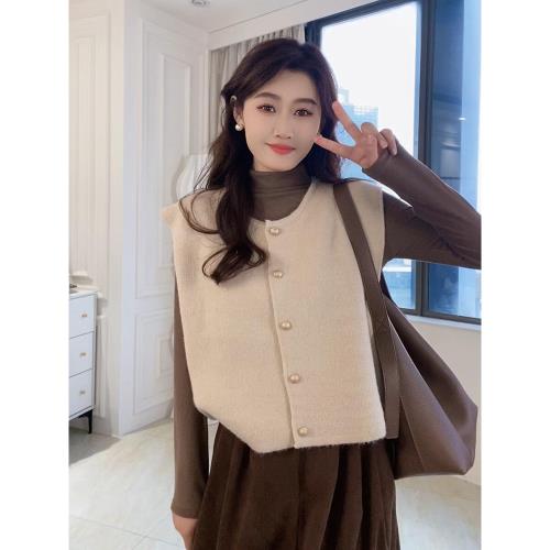 小香風無袖純色單排扣馬甲女秋冬修身顯瘦針織馬夾時髦百搭上衣潮