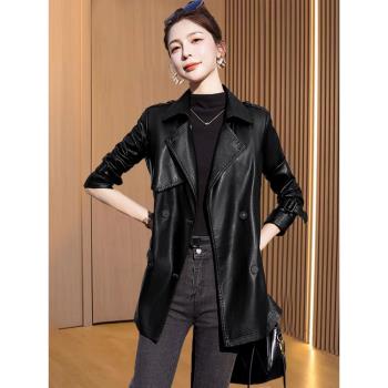 海寧真皮風衣女中長款2024年春裝修身顯瘦綿羊皮夾克女士皮衣外套