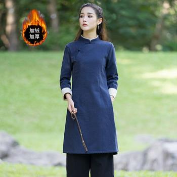 禪意改良秋冬加絨加厚套裝居士服