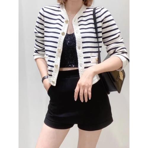 元品質 M家秋冬法式經典黑白條紋通勤圓領單排扣短款針織開衫外套